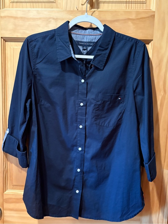 Tommy Hilfiger Tops - Tommy Hilfiger Navy Blue Roll-Tab Button-Up Shirt women’s M NWT